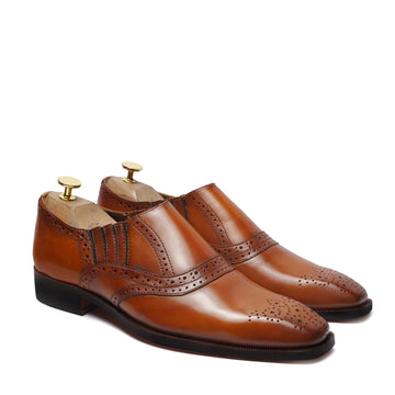 Punching Brogue Sleek Toe Slip-On Shoe in Tan Genuine Leather Loafer
