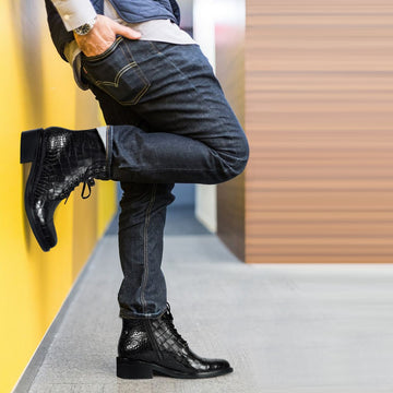 High Ankle Lace-Up Boot in Black Croco Textured Leather