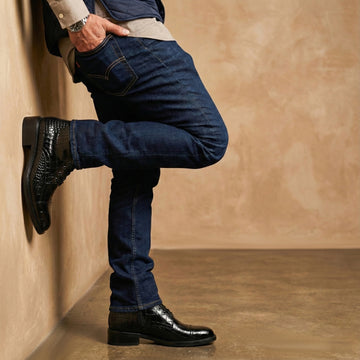 High Ankle Lace-Up Boot in Black Croco Textured Leather