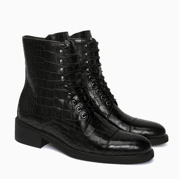 High Ankle Lace-Up Boot in Black Croco Textured Leather