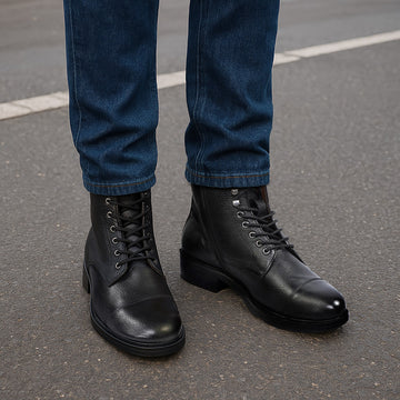 High Ankle Lace-Up Boot in Black Premium Leather