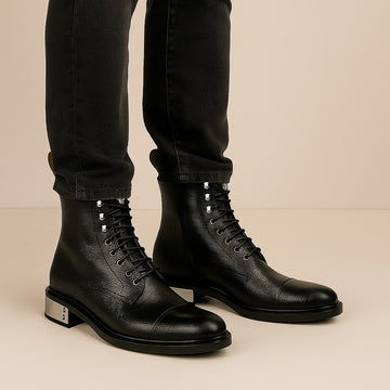 Textured Saffiano Large Metal Heel Plate Black Leather Lace-Up Boots