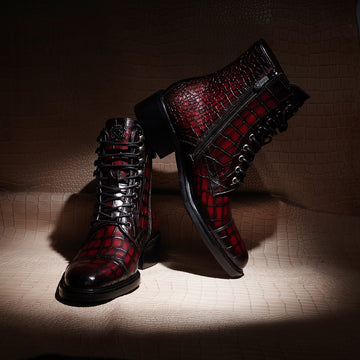 Smokey Wine High Ankle Boot in Croco Textured Leather