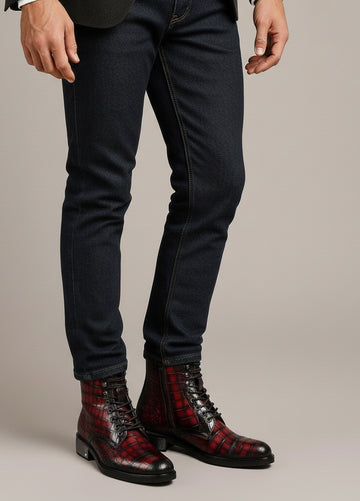 Smokey Wine High Ankle Boot with Metal Plate in Deep Cut Croco Leather