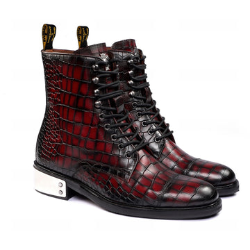 Smokey Wine High Ankle Boot with Metal Plate in Deep Cut Croco Leather