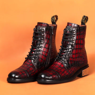 Smokey Wine High Ankle Boot with Metal Plate in Deep Cut Croco Leather