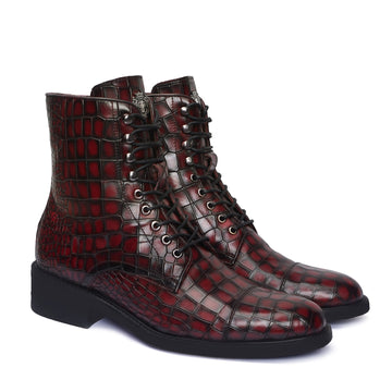 Smokey Wine High Ankle Boot in Croco Textured Leather
