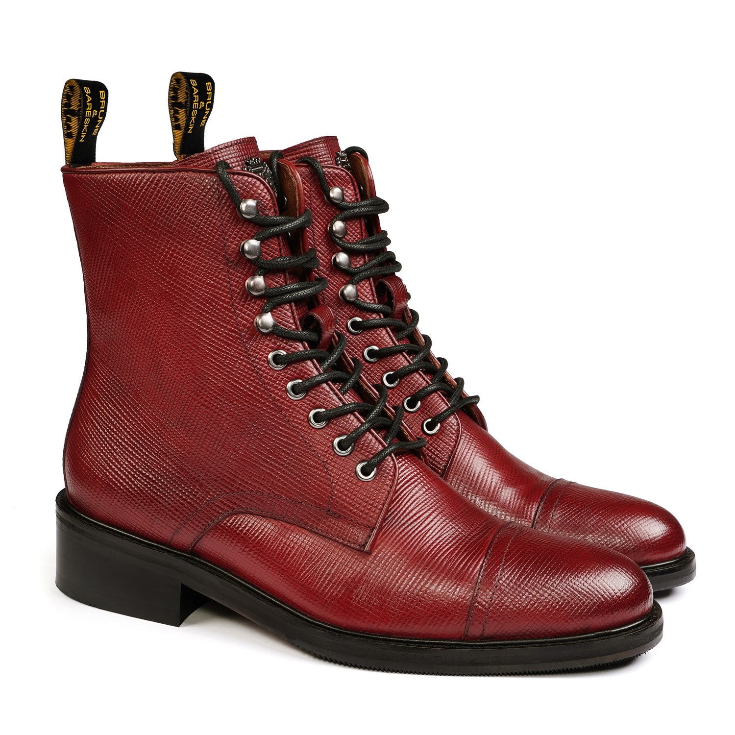 Textured Saffiano Wine Leather Lace-Up Boots