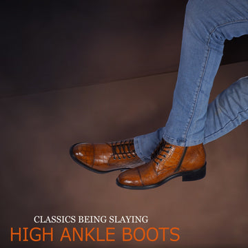 High Ankle Tan Derby Boot with Cap Toe in Croco Textured Leather