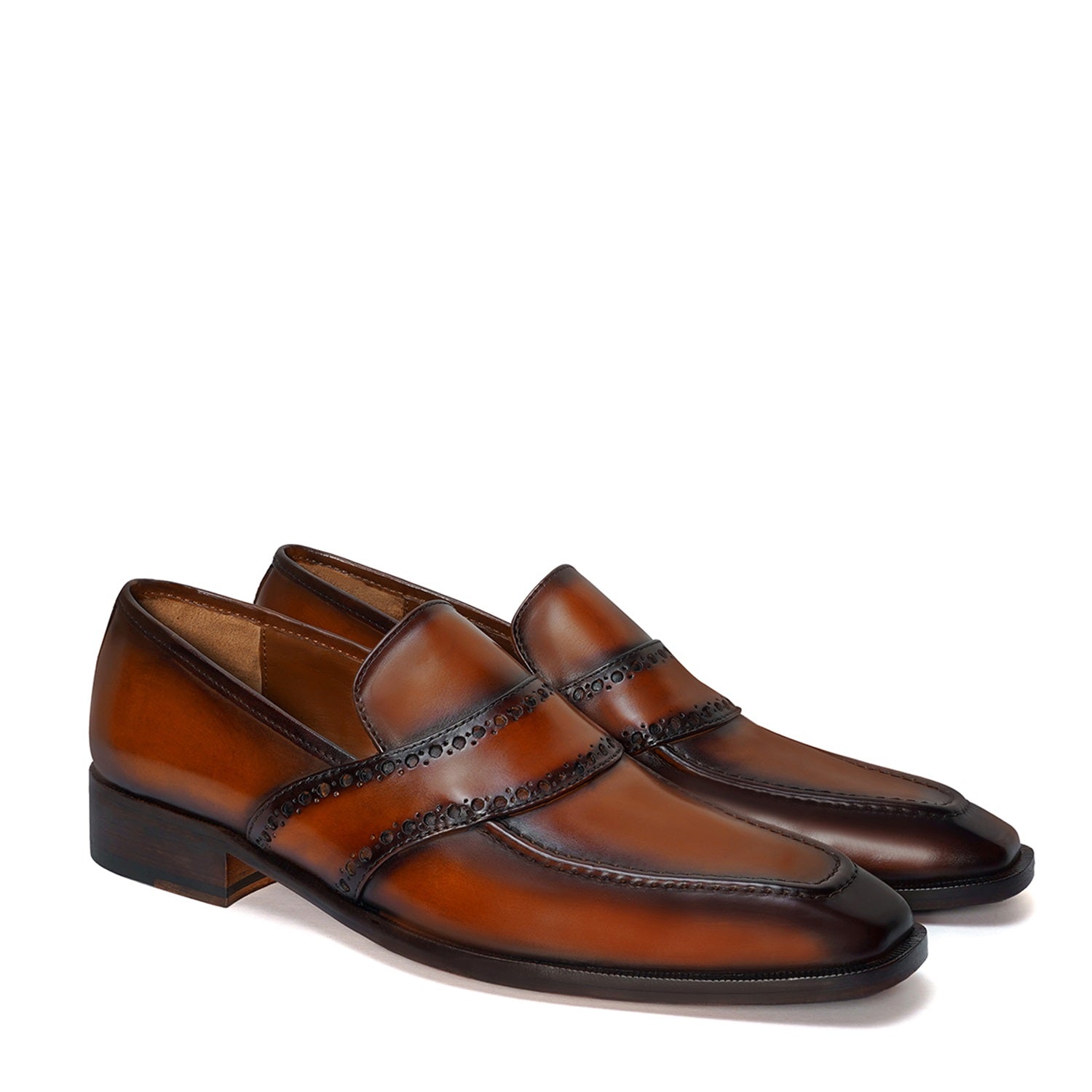 Punching Brogue Strap Loafers Burnished Cognac Leather Slip-On Shoes
