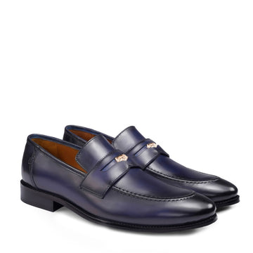 Trademark Lion Logo Penny Loafers in Blue Leather