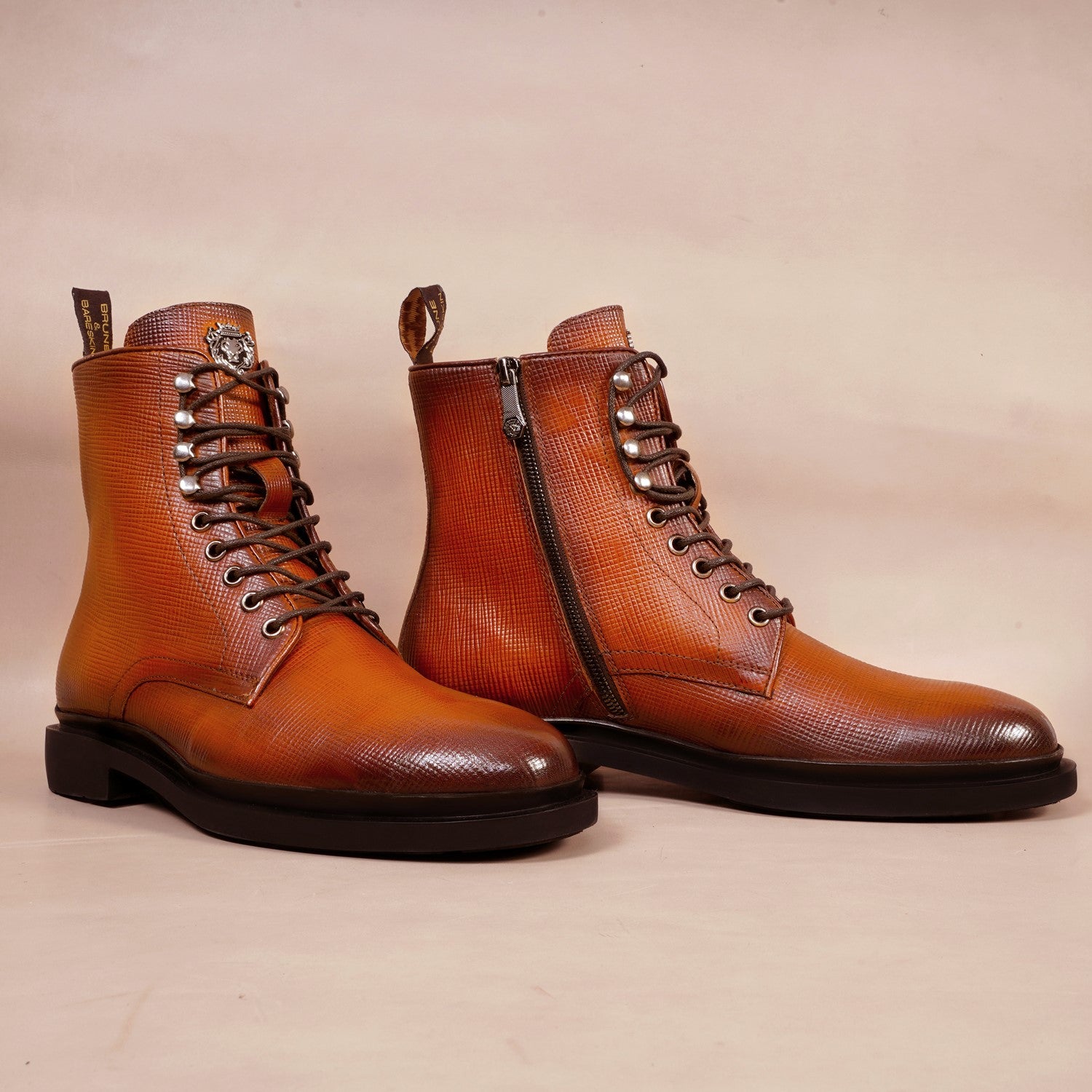 Saffiano Tan Leather Derby Lace up Ankle Boots