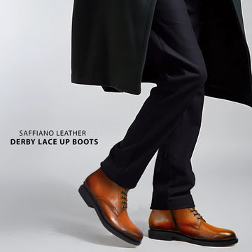 Saffiano Tan Leather Derby Lace up Ankle Boots