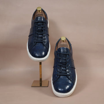 Low Top Deep Cut Leather Blue Sneaker with Lace-Up Closure