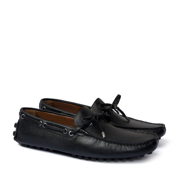 Tassel Bow Driver Loafer with Black Texture Leather