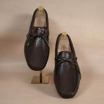 Tassel Bow Leather Driver Loafer in Dark Brown Snake Skin Textured Leather with Studded Sole
