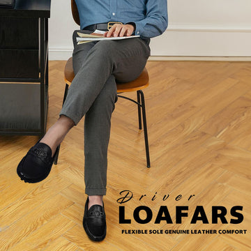 Textured Black Leather Driver Sole Loafers  with Gunmetal Accessory