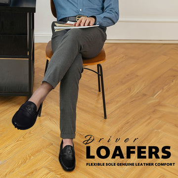 Textured Black Leather Driver Sole Loafers  with Gunmetal Accessory