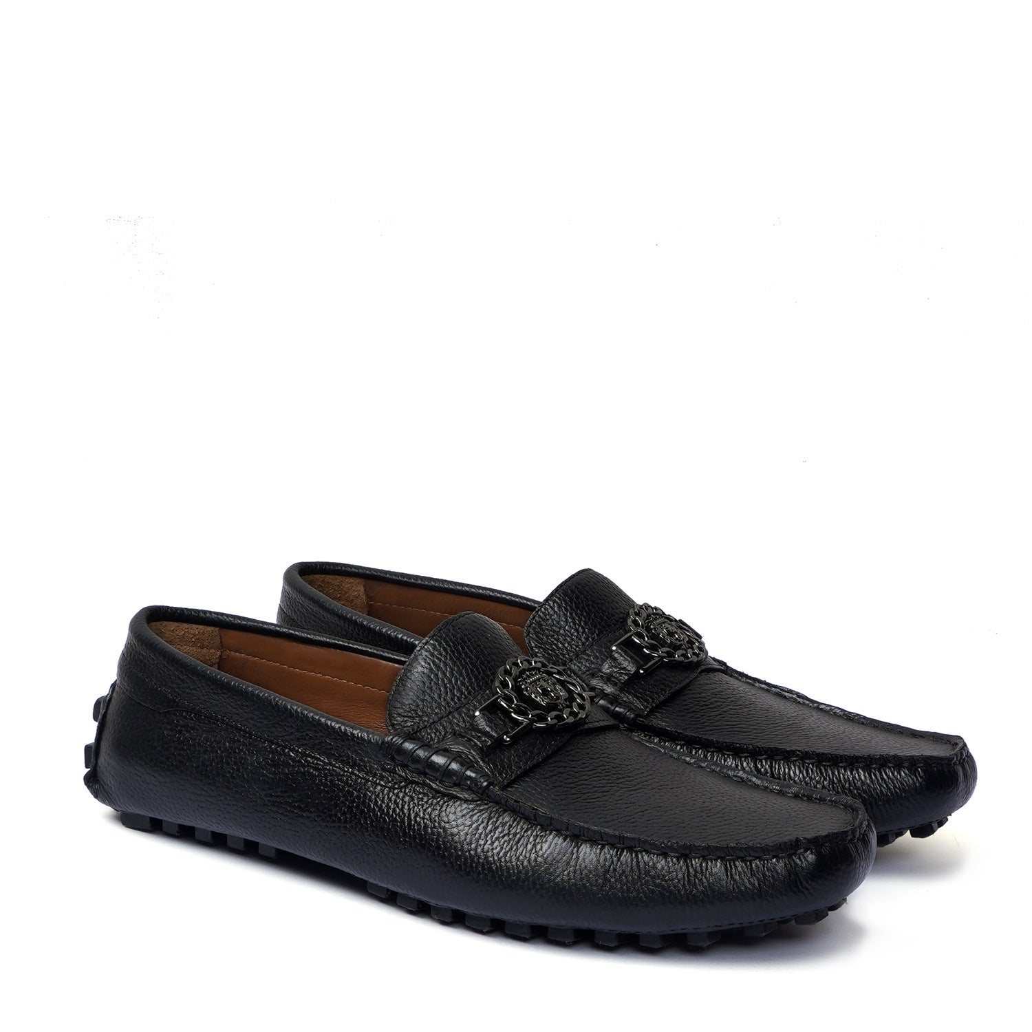 Textured Black Leather Driver Sole Loafers  with Gunmetal Accessory
