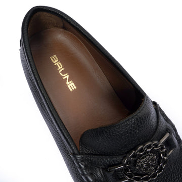 Textured Black Leather Driver Sole Loafers  with Gunmetal Accessory