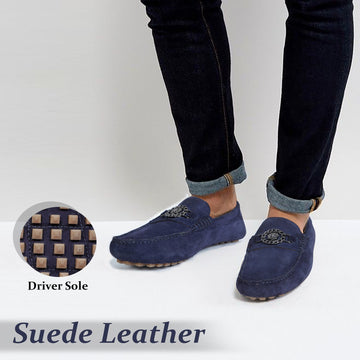 Driver Sole Loafer Trademark Logo with Chain Embellishment in Suede leather