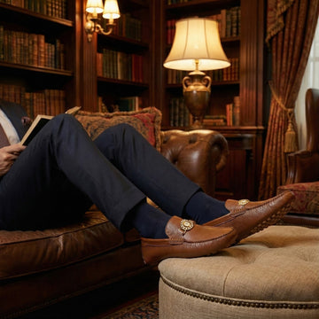 Textured Tan Leather Driver Sole Loafers  with Gunmetal Accessory