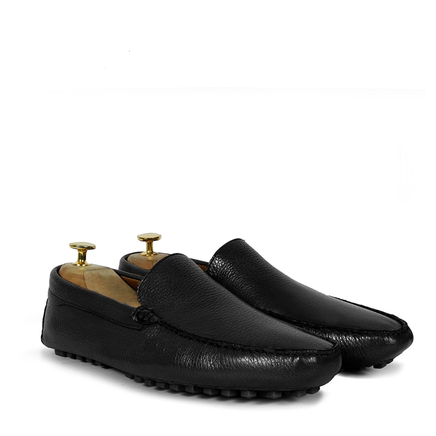 Black Textured Leather Studded Driver Sole Loafers