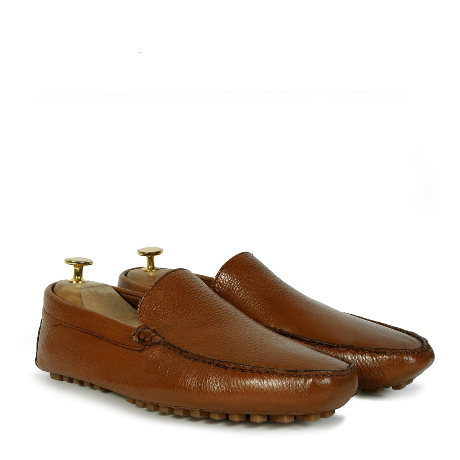 Studded Driver Sole Loafers in Tan Textured Leather