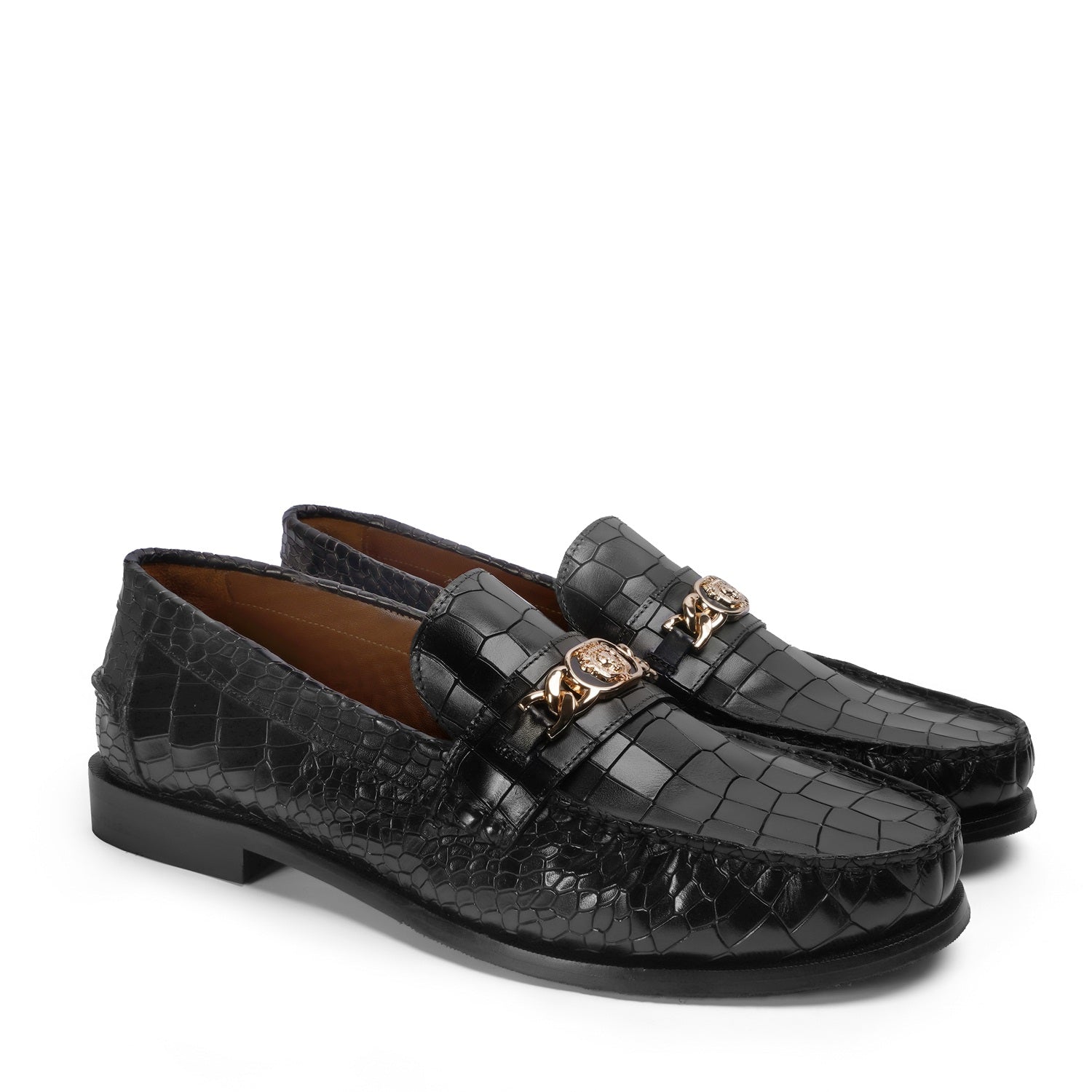 Black Deep Cut Croco Moccasin Loafer with Chain Embellishment Trademark Lion Logo