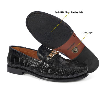 Black Deep Cut Croco Moccasin Loafer with Chain Embellishment Trademark Lion Logo
