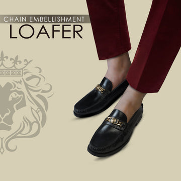 Black Leather Moccasin Loafer with Chain Embellishment Lion Logo