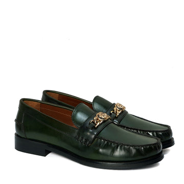 Dark Green Moccasin Loafer with Chain Embellishment Lion Logo