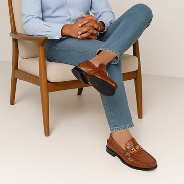 Tan Deep Cut Croco Moccasin Loafer with Chain Embellishment Trademark Lion Logo
