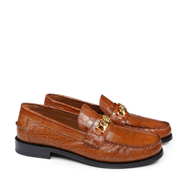 Tan Deep Cut Croco Moccasin Loafer with Chain Embellishment Trademark Lion Logo