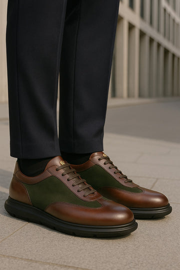 Stitched Mid-Top Sneaker in Dark Brown & Green Leather