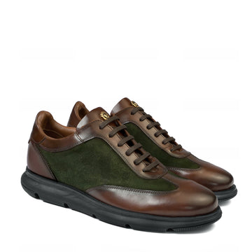 Stitched Mid-Top Sneaker in Dark Brown & Green Leather