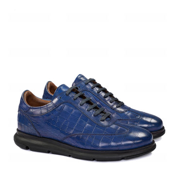 Stitched Toe Mid Top Sneaker in Blue Leather