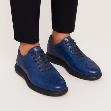 Stitched Toe Mid Top Sneaker in Blue Leather