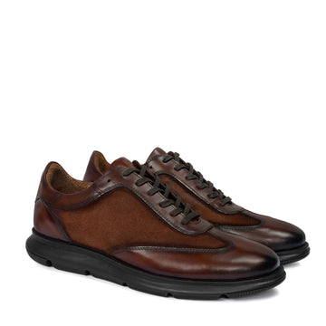 Stitched Mid-Top Sneaker in Dark Brown Leather
