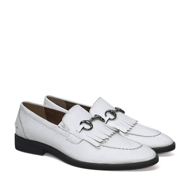 White Slip-On Shoes with Fringes & Horse-Bit Buckle Detailing