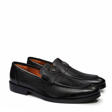 Black Saffiano Leather Loafer with "Brune & Bareskin" Chain Embellishment Lion Logo