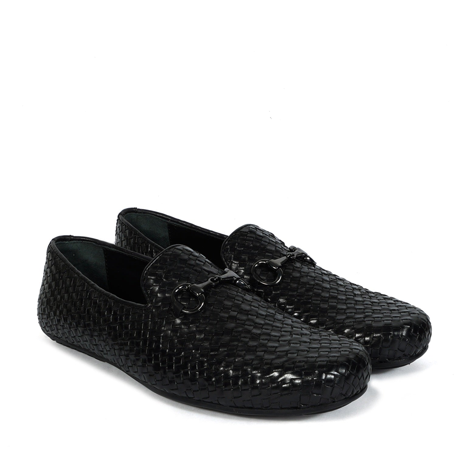 Weaved Leather Driver Sole Horsebit Black Loafers