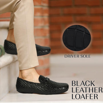 Weaved Leather Driver Sole Horsebit Black Loafers