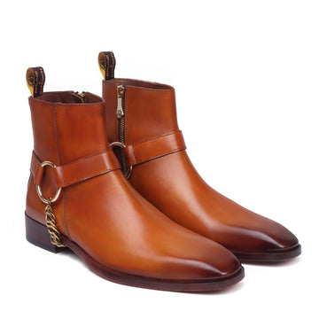 Tan Hand Made Chelsea Boots with Side Zip Leather & Stylish Golden Chain by Brune & Bareskin