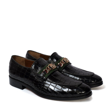 Croco Textured Black Loafer with Raised Metal Lion Chain Embellishment