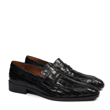 Black Formal Loafer in Deep Cut CrocoLeather