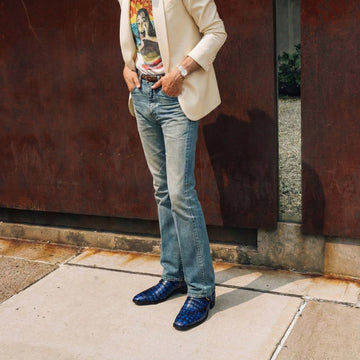 Deep Cut Croco Studded Wrap around Strap Cuban Heel Dress Blue Boots