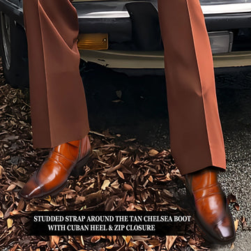 Studded Wrap around Strap Cuban Heel Tan Boots