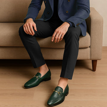 Flexible Back Comfortable Loafers in Green Textured Leather