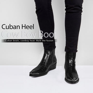 Metallic Cap Toe Cowboy Boot in Black Leather